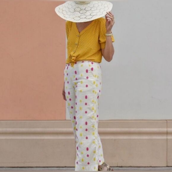 🔹️Anthropologie Cream w/Pink & Yellow Dot Wide Leg Cropped Pants Size 10 - Picture 15 of 15